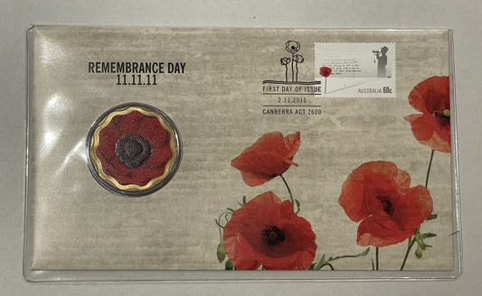 2011 - Australian $5 Coin - Remembrance Day 11.11.11 - RED POPPY COIN - UNC