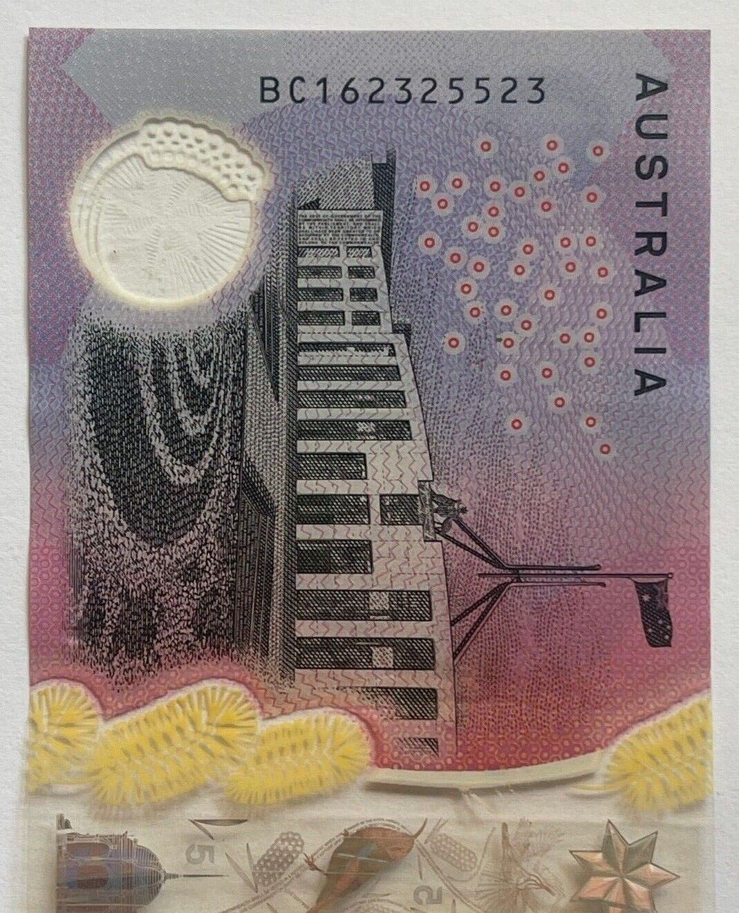 5 dollar note Australia 2016 "325523" RADAR serial