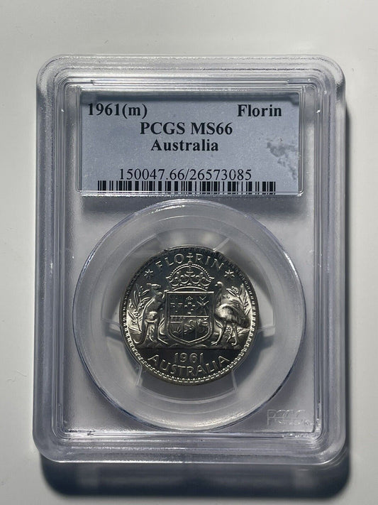 Australia 1961 QEII Silver Florin Two Shillings Coin PCGS Graded MS66 TOP POP