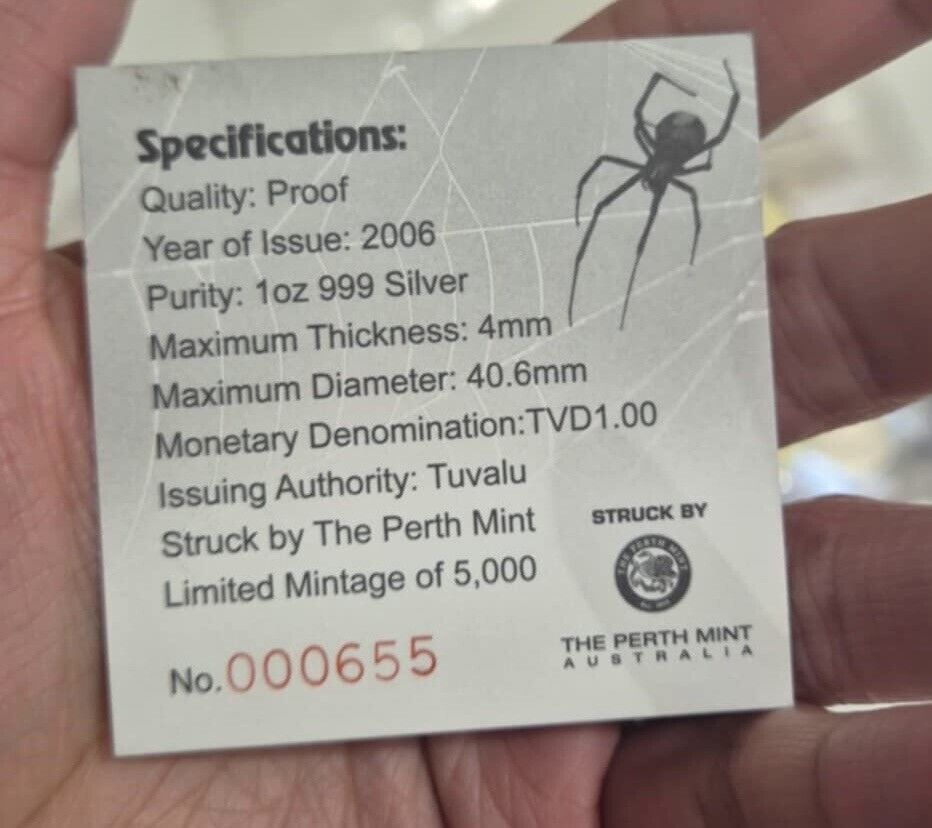 2006 Australian Red-Back Spider - DANGER - 1oz 999 Silver - Perth Mint - Tuvalu