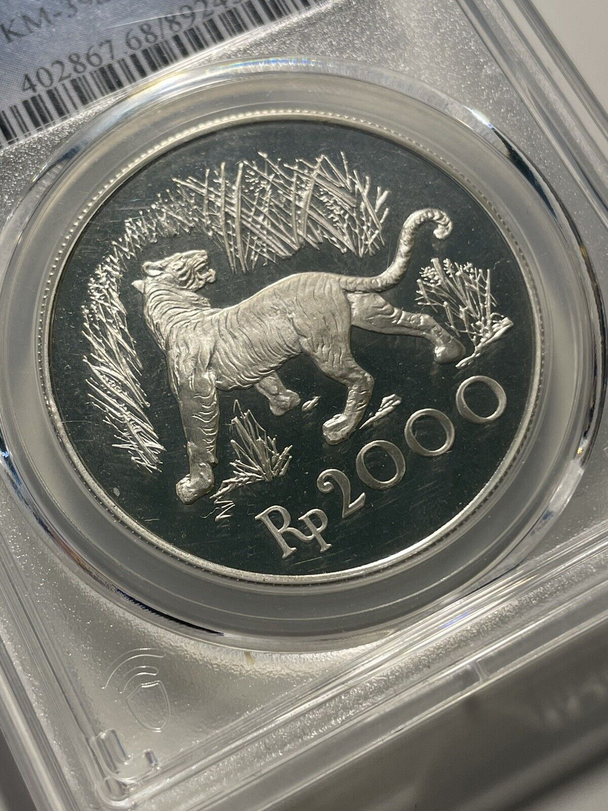 1974 Indonesia Proof PGCS Grade PR68 Javan Tiger WWF 2000rp Rupiah Silver Coin