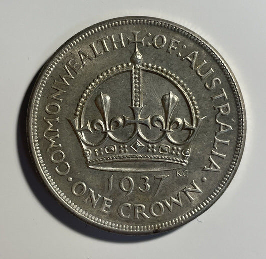 Australia 1937 Crown Sterling Silver Five Shillings 5/- Large Coin Scarce aUNC