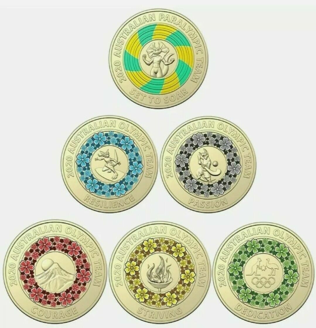 2020 Tokyo Olympic + Paralympics Coloured $2 Dollar 6 Coins Set - Circulated