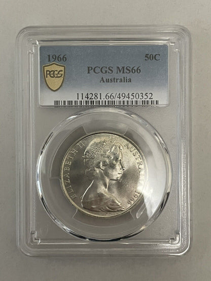 Australia 1966 50c Fifty Cents Coin Round 80% Silver PCGS Graded MS66