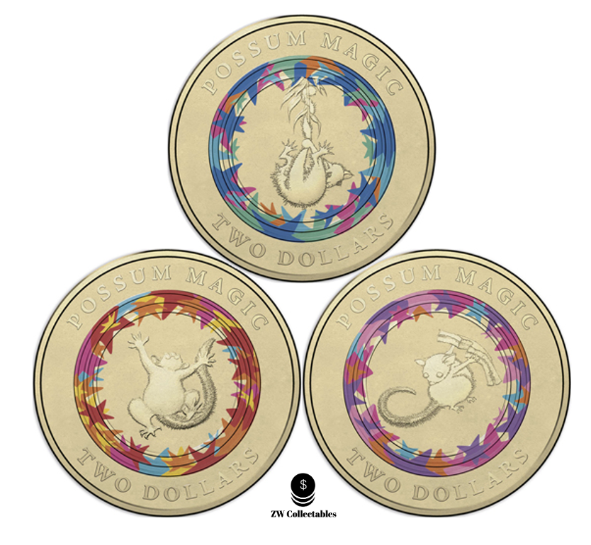 2017 $2 Two Dollar Coin Possum Magic Coloured 3 Coin set - CIRCULATED