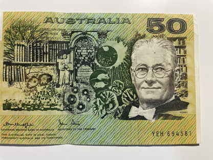 1979 Knight/ Stone $50 Fifty Dollars Australia YEH Prefix Paper Bank Note Circ