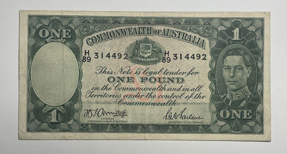 1942 Australia One Pound 1£ Predecimal Paper Banknote Armitage/Farlane George VI