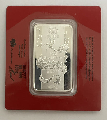 100g PAMP Suisse Lunar Year of the Dragon 2012 999 Silver Ag Bar Assay Card