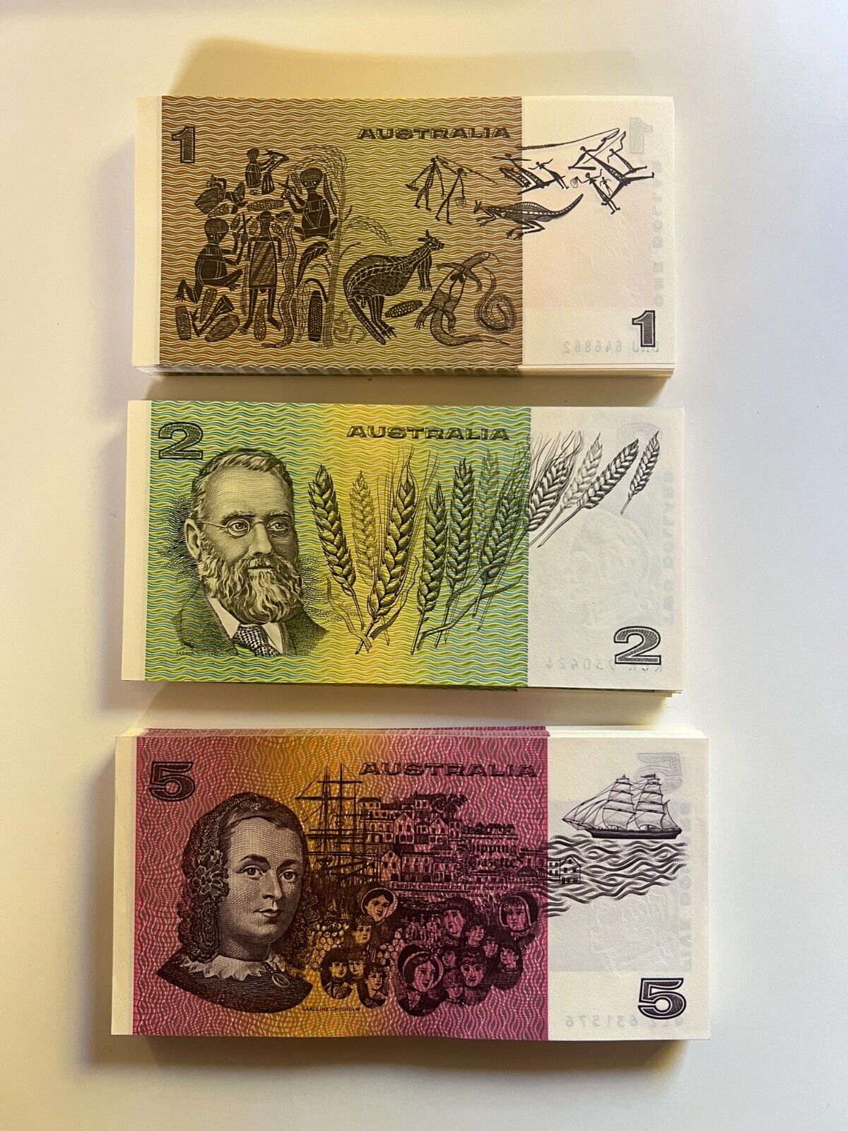 Australia $1 One, $2 Two, $5 Five NOTES -  ONE OF EACH NOTE Bank Bundle UNC