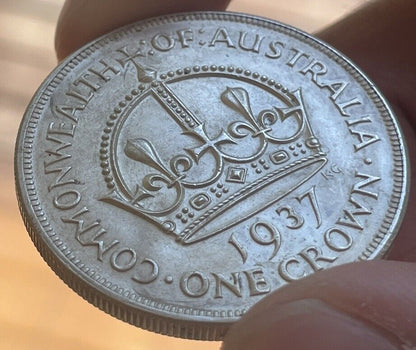 Australia aUNC 1937 Crown Sterling Silver Five Shillings 5/- Large Coin Scarce