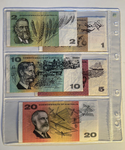 Commonwealth Of Australia Paper Banknotes $1, $2, $5, $10, $20, Circulated Set