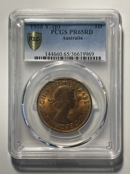 Australia 1958 Perth One Penny 1d Y. Proof PCGS Graded PR65RD Scarce