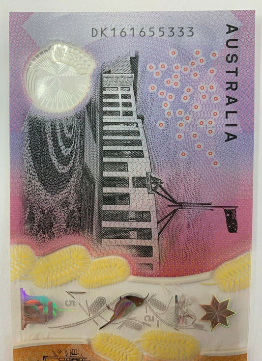 5 dollar note Australia 2016 "333" serials a/UNC