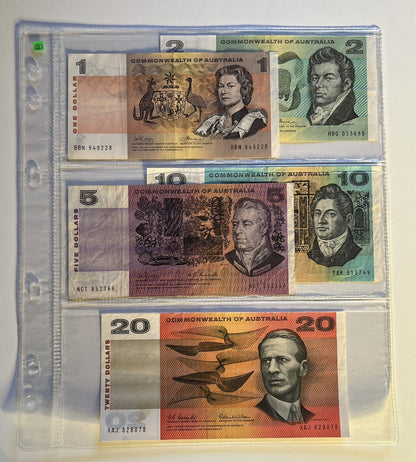 Commonwealth Of Australia Paper Banknotes $1, $2, $5, $10, $20, Circulated Set