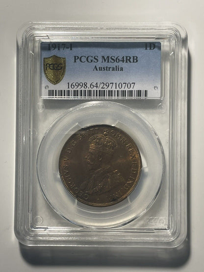 Australia 1917 Calcutta One Penny 1d PCGS Graded MS64RB Choice UNC