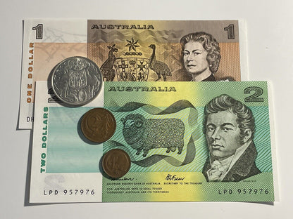 Australia DISCONTINUED Currency Set $1 & $2 Paper Notes 1c & 2c & Round 50c Coin