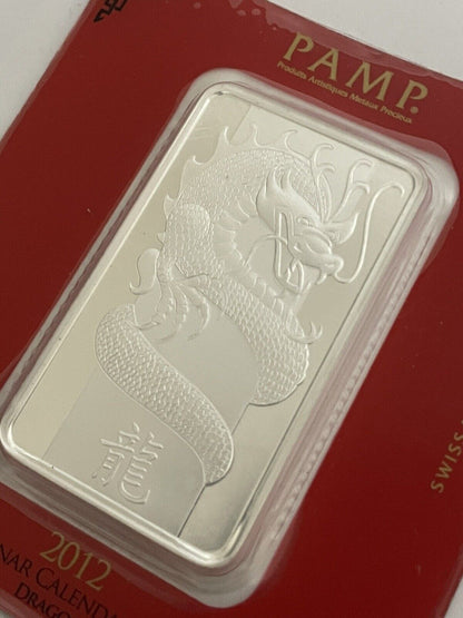 100g PAMP Suisse Lunar Year of the Dragon 2012 999 Silver Ag Bar Assay Card