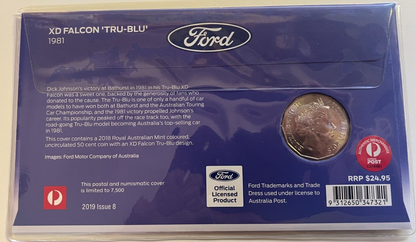 2019 Ford 1981 XD FALCON TRU-BLU PNC/FDC RAM 50cent colored coin & $1 Ford Stamp