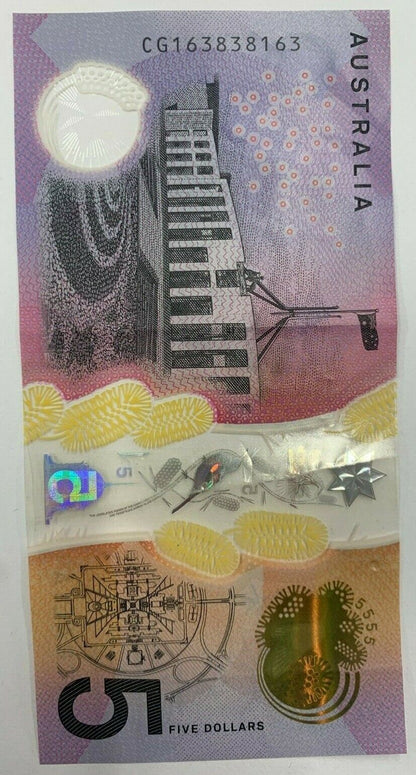 5 dollar note Australia 2016 "163838163" Serial