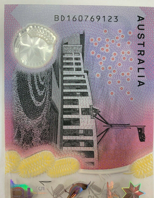 5 dollar note Australia 2016 "123" Counting Serial