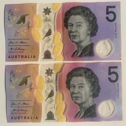 5 dollar note Australia 2016 AA/EJ Pair "163" beginning