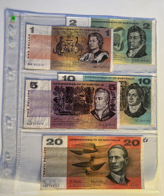 Commonwealth Of Australia Paper Banknotes $1, $2, $5, $10, $20, Circulated Set