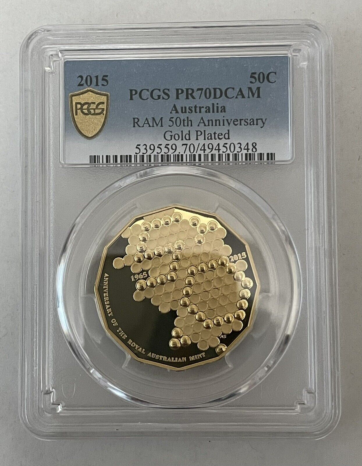 Australia 2015 RAM 50th Anniversary 50c Gold Plated PCGS Graded PR70DCAM TOP POP