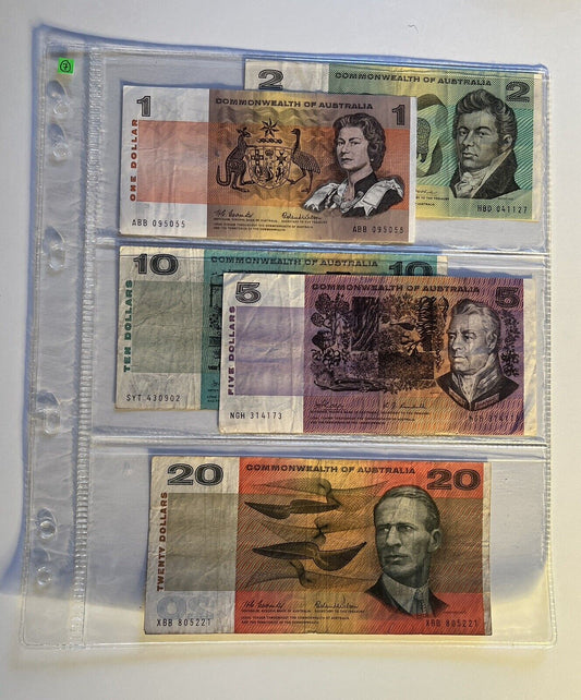 Commonwealth Of Australia Paper Banknotes $1, $2, $5, $10, $20, Circulated Set