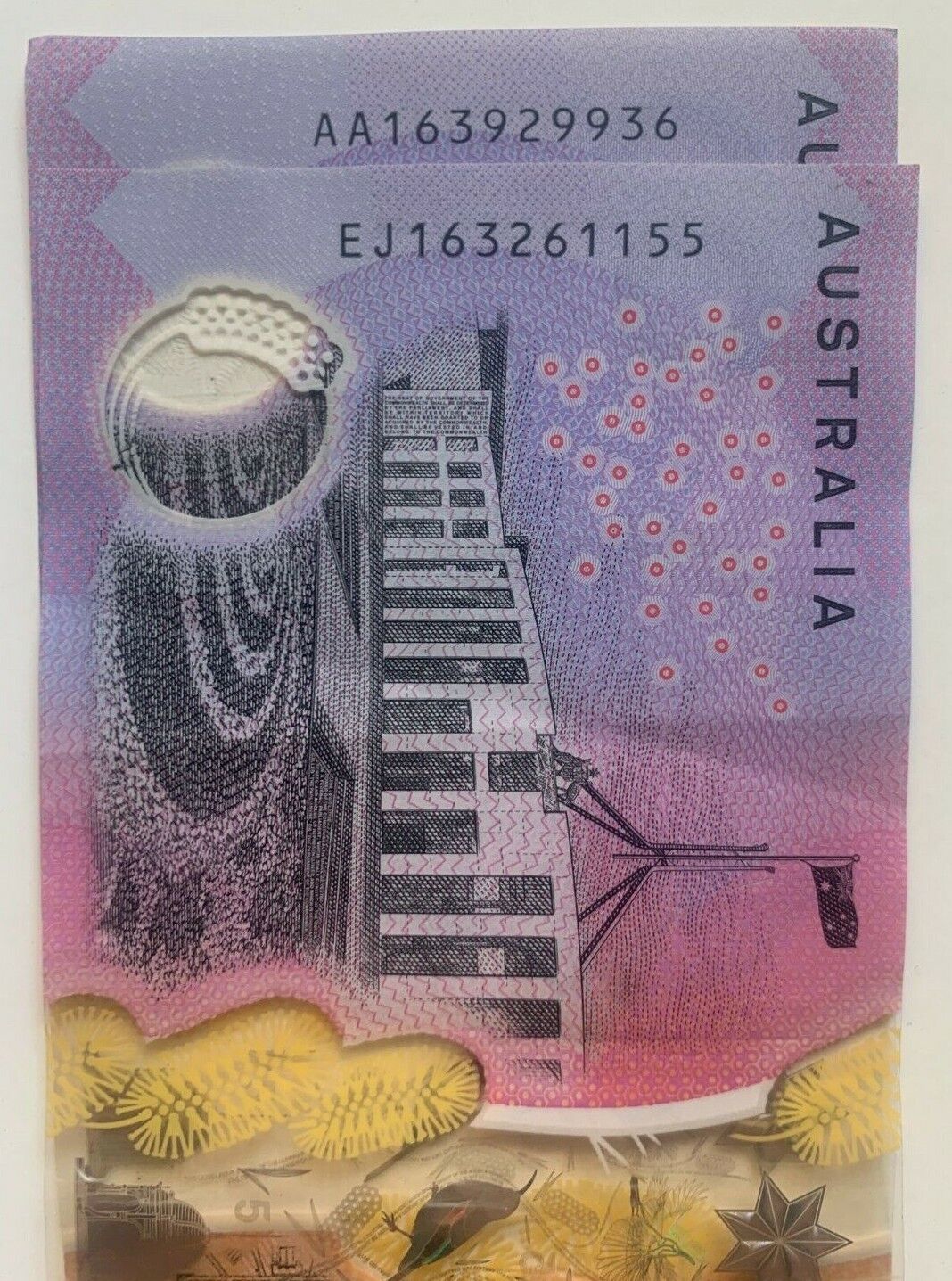 5 dollar note Australia 2016 AA/EJ Pair "163" beginning