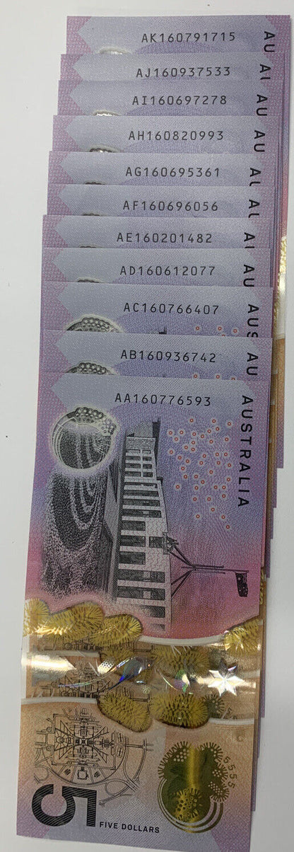 2016 5 Dollar Note Australia A Serial AA-AK FULL SET “160”