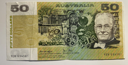 1979 Knight/ Stone $50 Fifty Dollars Australia YEH Prefix Paper Bank Note Circ