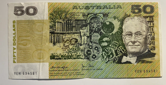 1979 Knight/ Stone $50 Fifty Dollars Australia YEH Prefix Paper Bank Note Circ