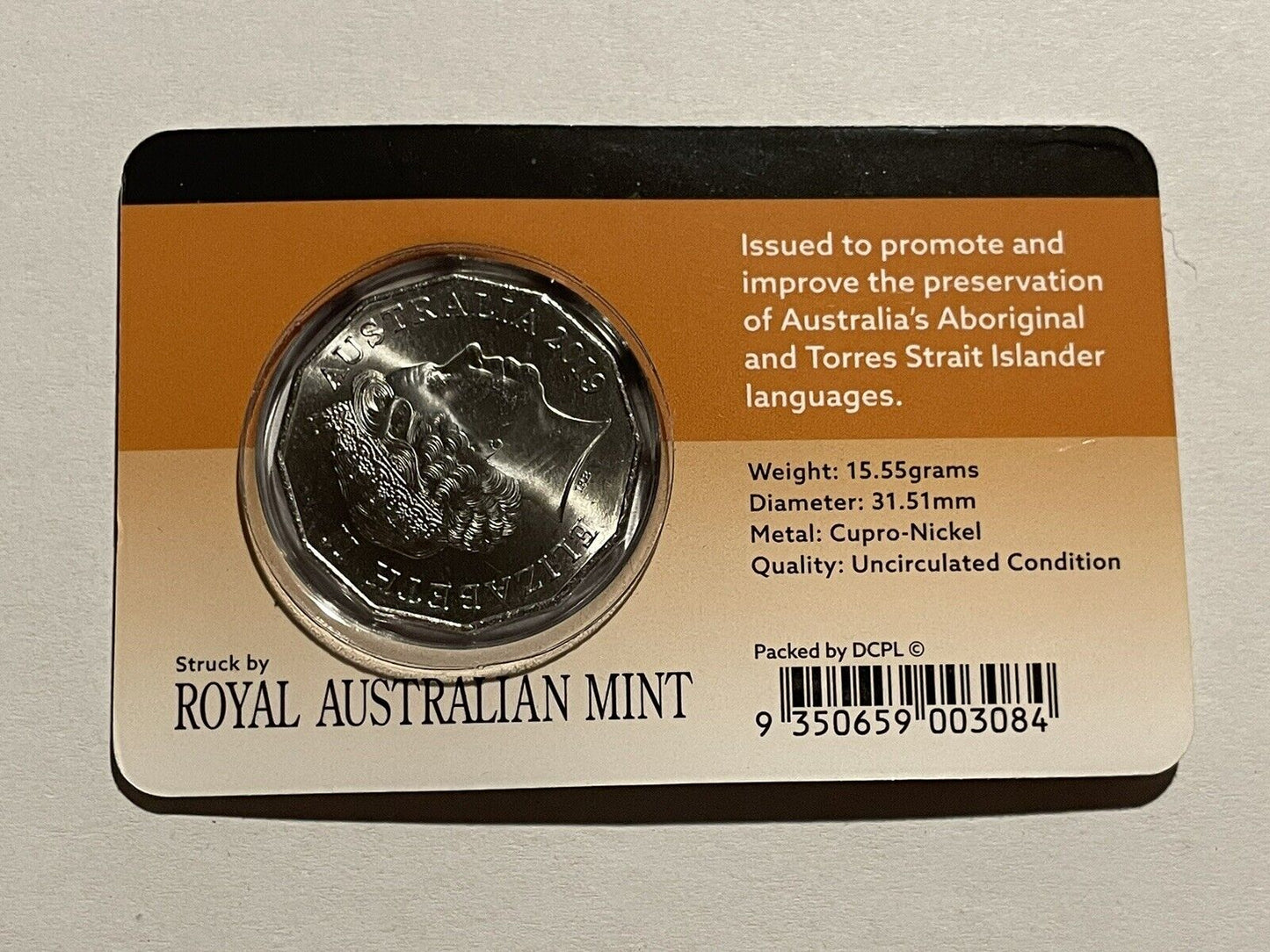 2019 Unc 50c International Year of Indigenous Languages Coin Downies Card