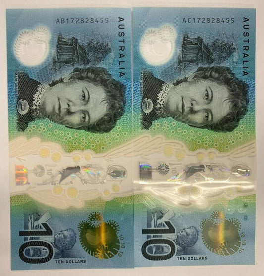 10 dollar note Australian 2017 AB & AC Prefix Identical Serials