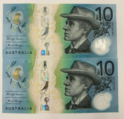 ✨10 dollar note Australian 2017 UNC AB Serial Pair✨