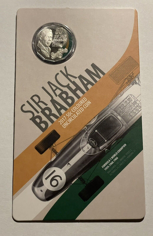 Australia 2017 Sir Jack Brabham 50c Coloured Uncirculated Coin on RAM Card