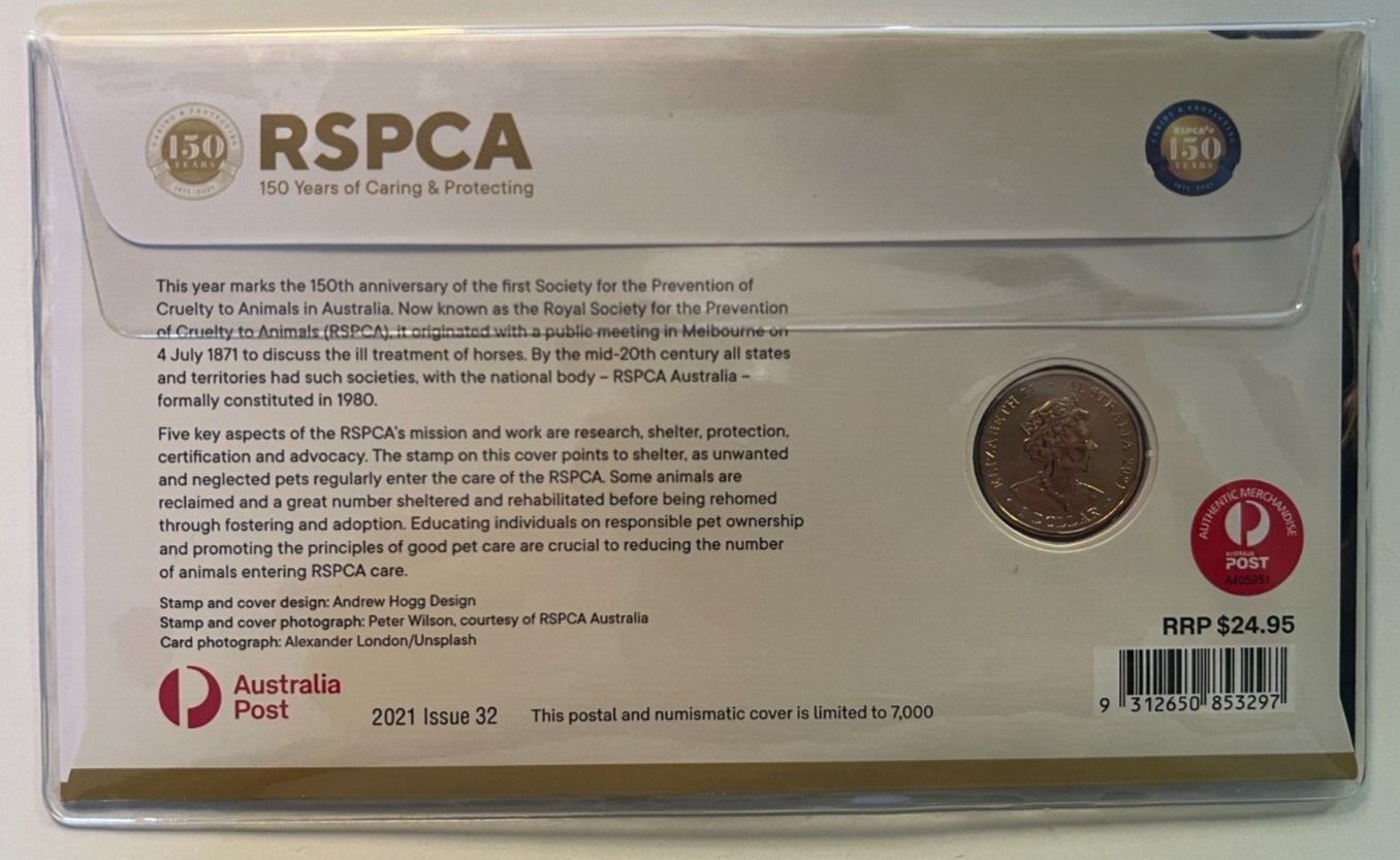 2021 Australia 150 Years of the RSPCA $1 Coin PNC - Stamp & Coin Cover - Cat