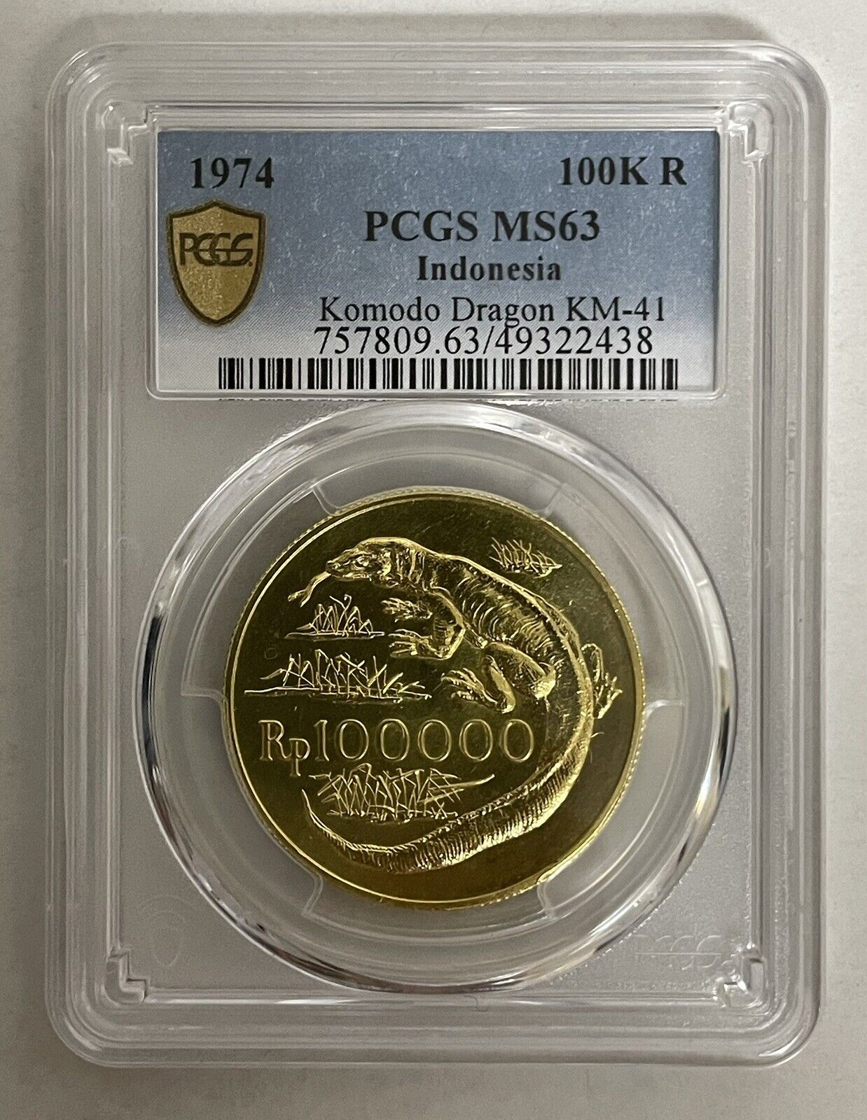 Indonesia 100,000rp 1974 Rupiah Komodo Dragon Gold .900 Coin PCGS Graded MS63