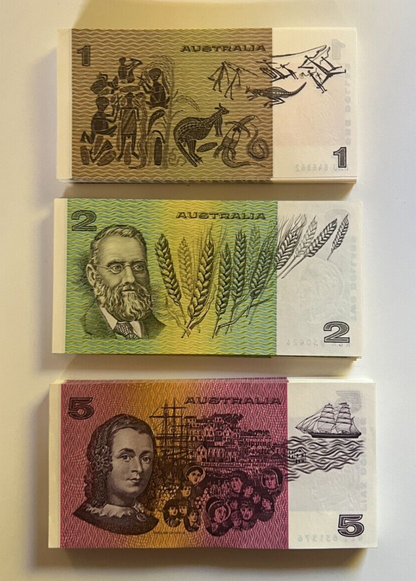 Australia $1 One, $2 Two, $5 Five NOTES -  ONE OF EACH NOTE Bank Bundle UNC