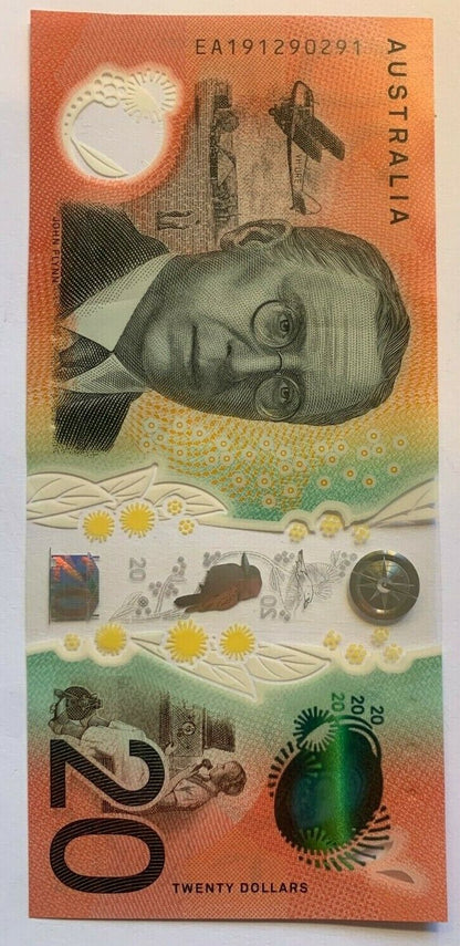 20 dollar note Australian 2019 "EA191290291" LAST serial