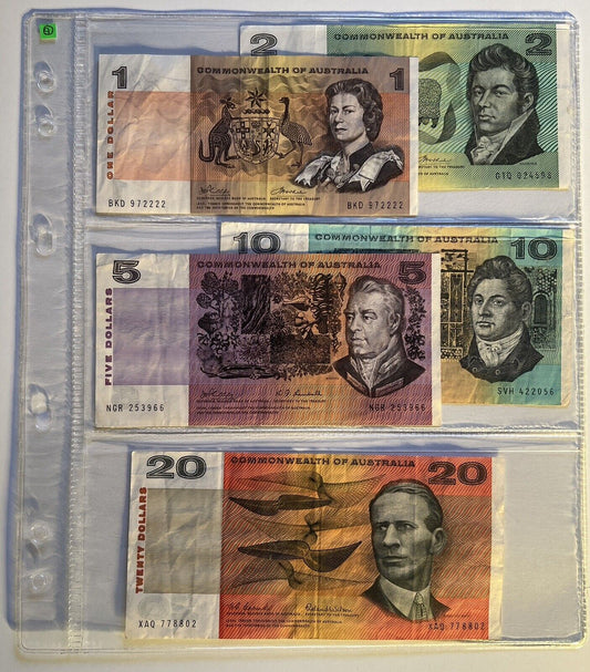 Commonwealth Of Australia Paper Banknotes $1, $2, $5, $10, $20, Circulated Set