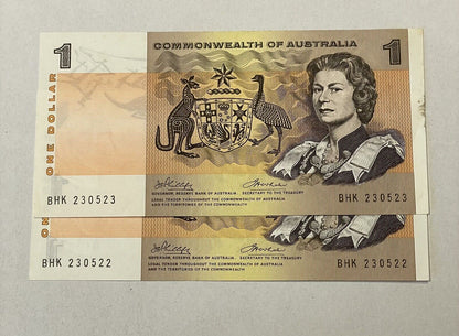 2x Consec 1972 Commonwealth Of Australia $1 paper Bank Note Phillips/Wheeler R34