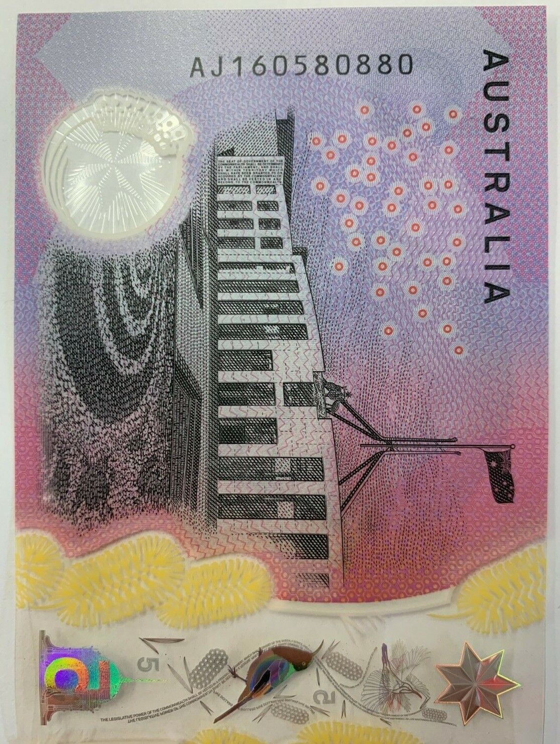 5 dollar note Australia 2016 "AJ160580880" Serial