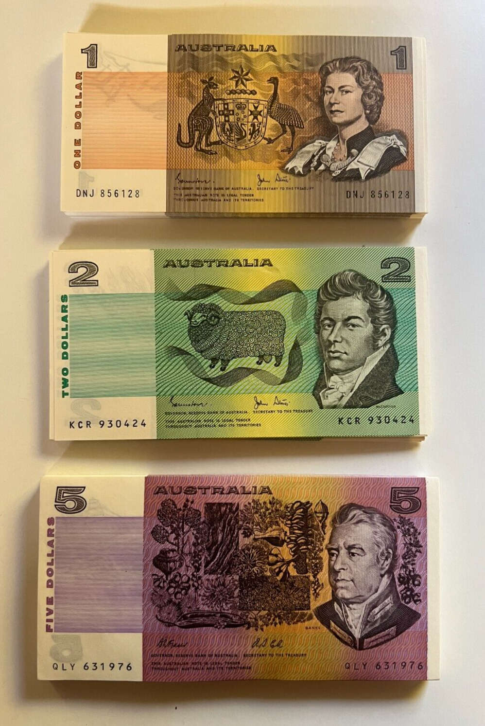 Australia $1 One, $2 Two, $5 Five NOTES -  ONE OF EACH NOTE Bank Bundle UNC