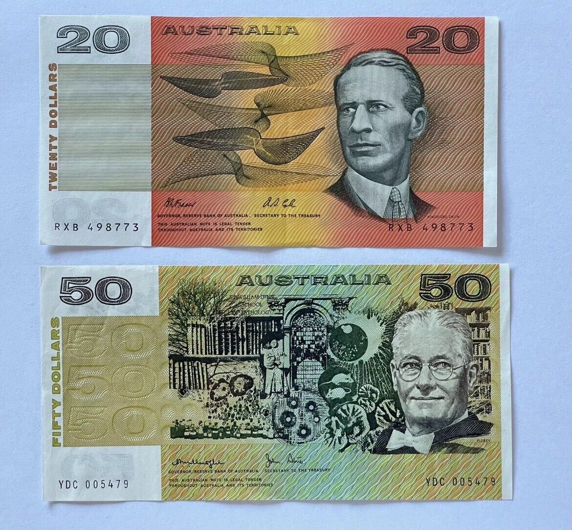 Australia $20 Twenty & $50 Fifty Dollar Paper Banknote ONE OF EACH Circ Pair