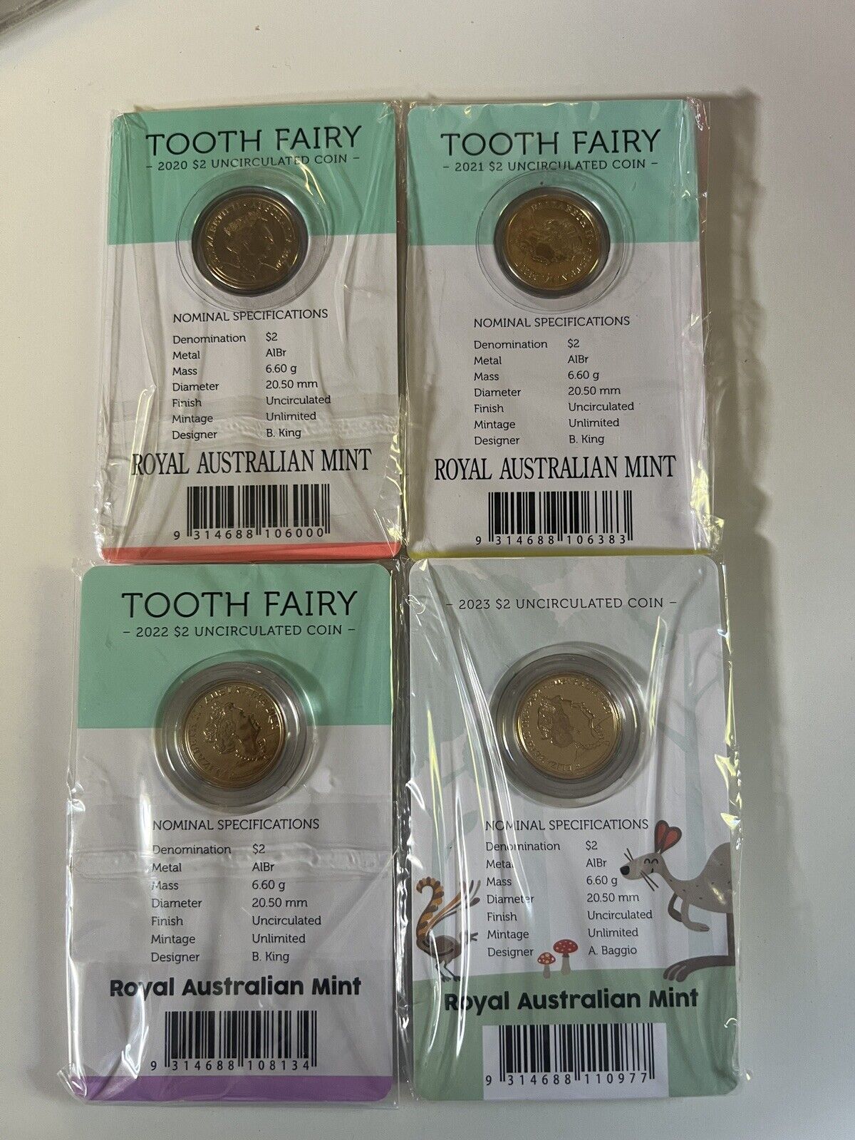 1x 2020 1x 2021 & 1x 2022 & 1x 2023 TOOTH FAIRY $2 COINS CARDED RAM