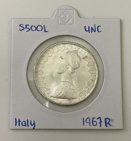 Renaissance Lady Silver Coin .500 Italy 1967 500 Lira Choice UNC