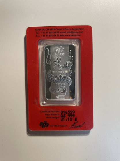 2012 Pamp Suisse Lunar Series DRAGON 1oz Silver Bar in Assay Card