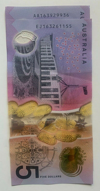 5 dollar note Australia 2016 AA/EJ Pair "163" beginning