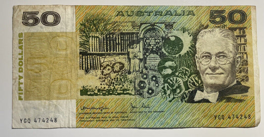 1979 Knight/ Stone $50 Fifty Dollars Australia YGQ Prefix Paper Bank Note Circ